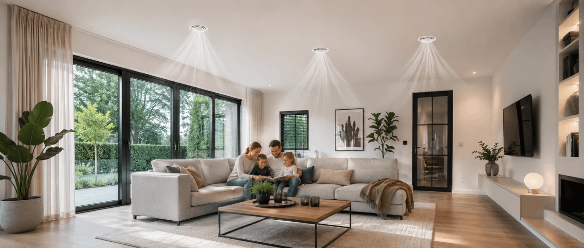Gezin in een modern ingerichte woonkamer met een perfect werkend ventilatiesysteem van Ventilatie Noord-Holland