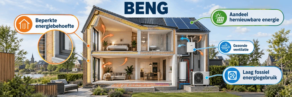 BENG-norm voor energiezuinig bouwen met goede isolatie, zonnepanelen, warmtepomp en gezonde ventilatie